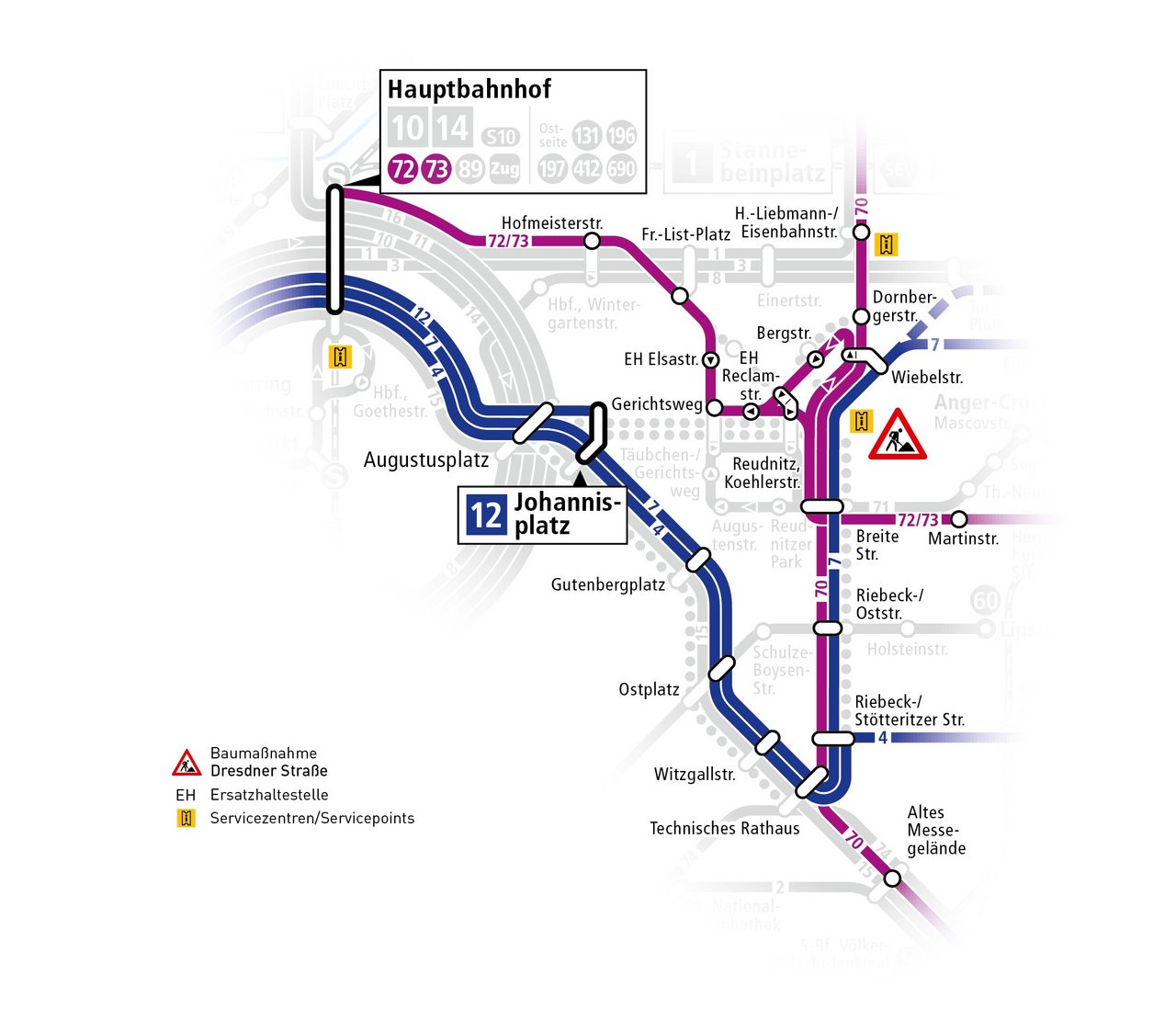 Karte der ÖPNV Änderungen in Phase 4 Baumaßnahme Dresdner Straße