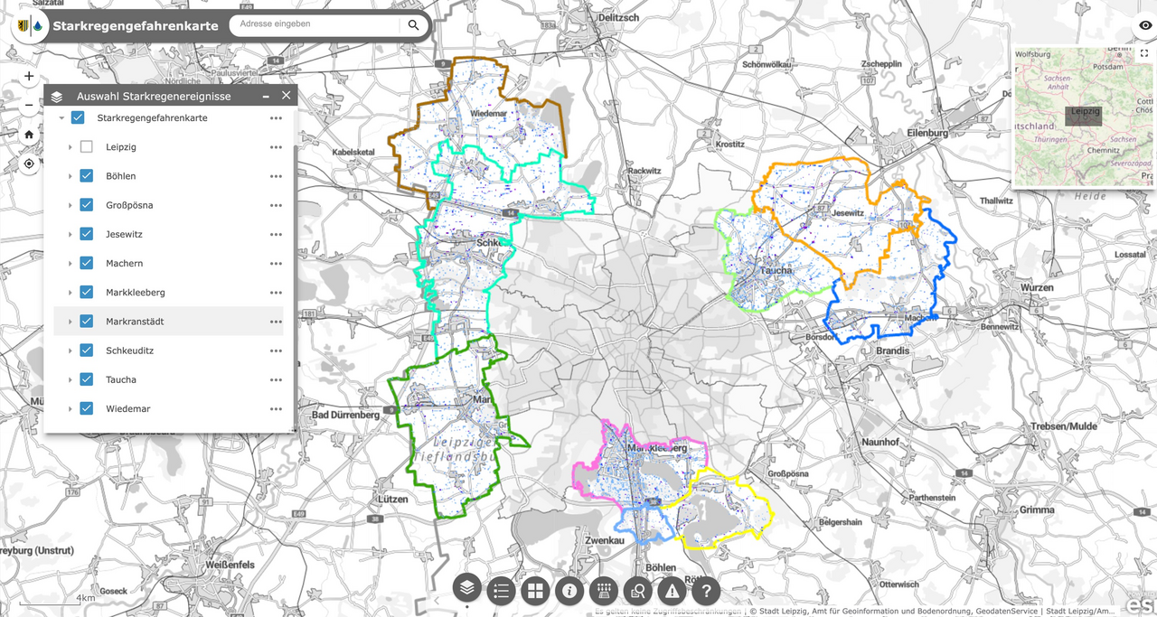 Ausschnitt aus einer geografischen Karte des Stadtgebietes Leipzig und der Umlandgemeinden