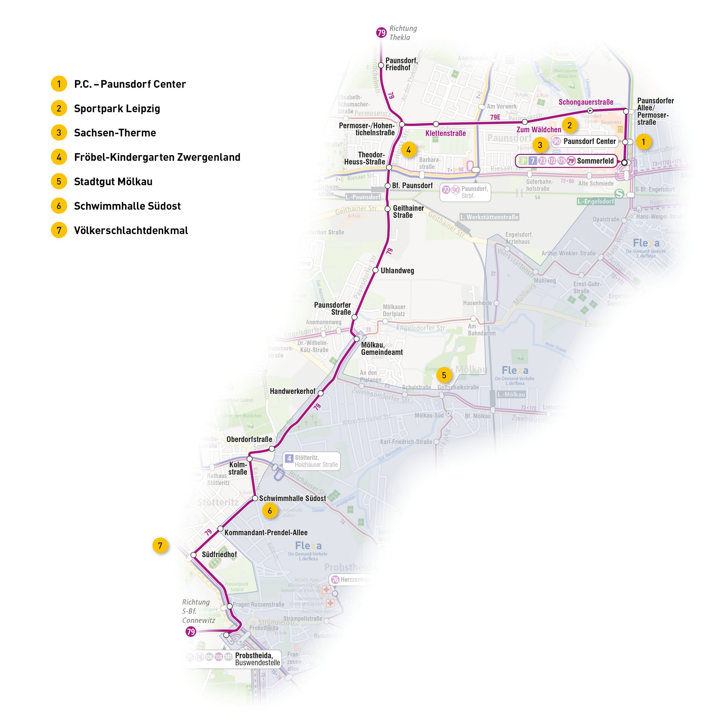 Die Karte zeigt den Linienverlauf der Buslinie 79E und die wichtigsten Umsteigepunkte 