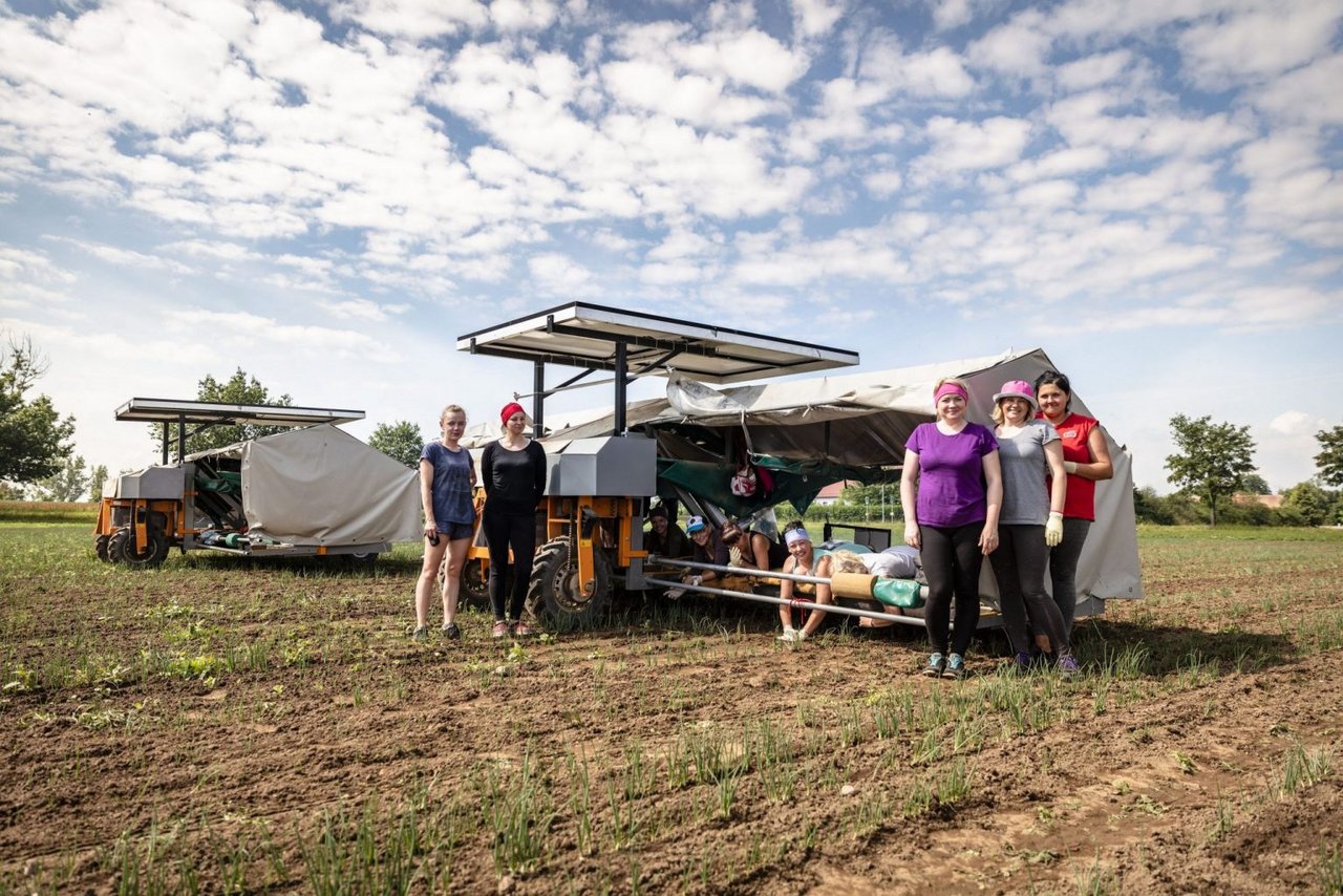 Mehrere Personen stehen um einen Jäteflieger herum auf einem Feld.