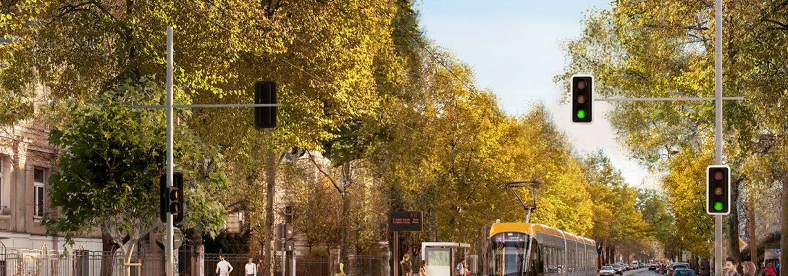 Eine Bahn fährt durch eine animierte Stadt Umgebung.