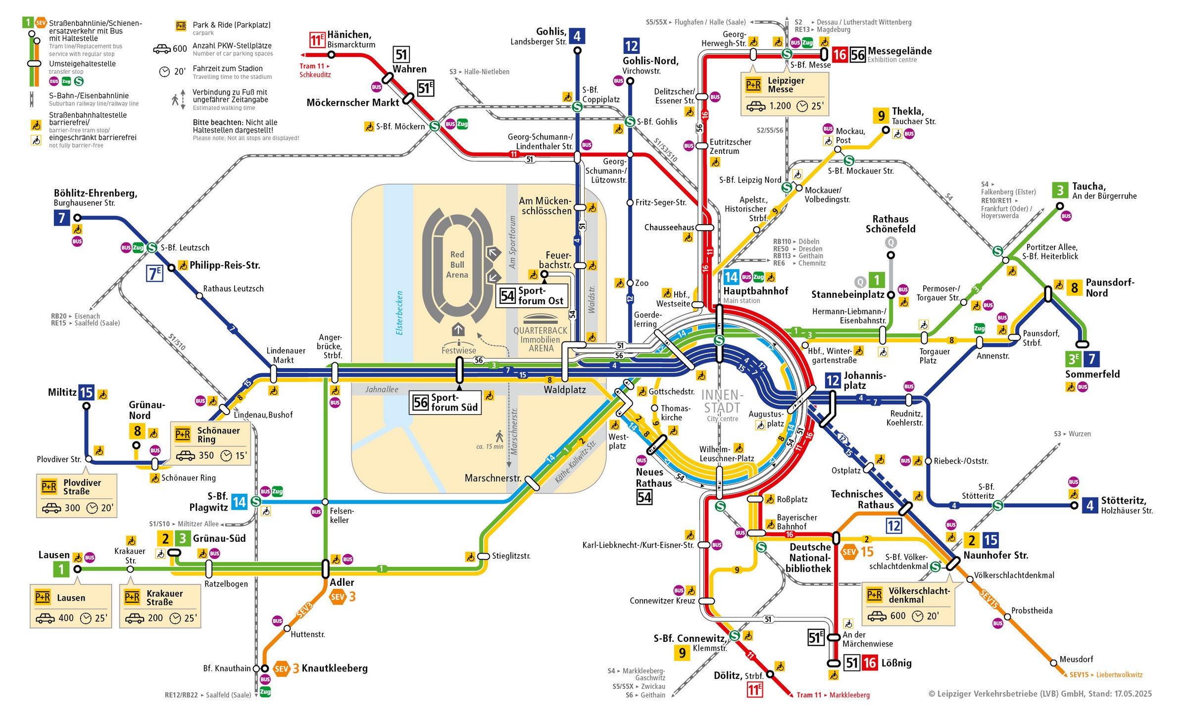 Liniennetzplan der LVB zur Anreise mit Straßenbahn und Bus zur Veranstaltung oder Spiel