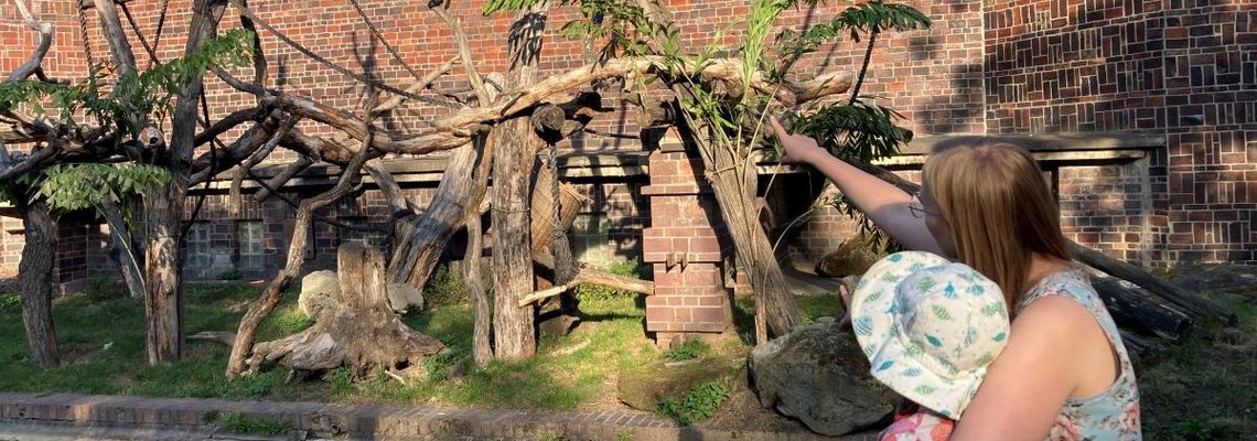 Frau und Kind schauen auf das Affengehege im Zoo Leipzig